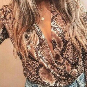 Zara Trafaluc Snakeskin Deep V-Neck Long Sleeve Bodysuit Medium
